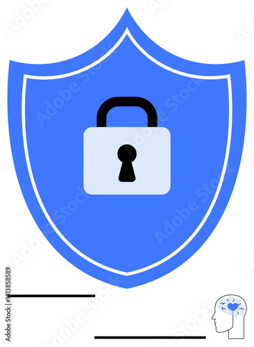 Blue shield with a central padlock portrays security and data protection. Ideal for online safety, cybersecurity, privacy, encryption, trust, access control, simple landing page