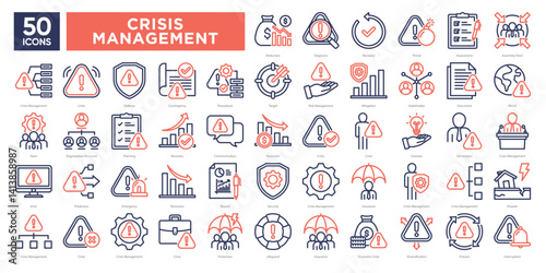 Crisis management icons collection set, including risk assessment, communication, recovery, planning, and emergency response. Ideal for business continuity, safety protocols, and strategic planning.