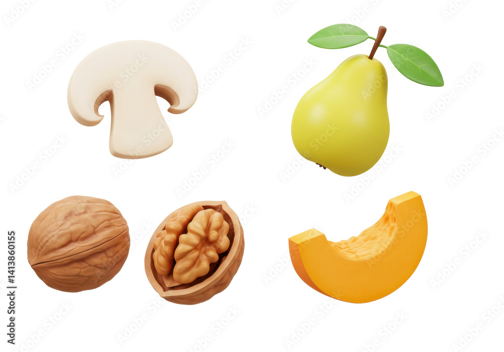 Collection of Fresh Fruits and Nuts Including Mushroom, Pear, Walnut, and Melon Segments