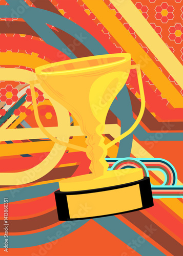 Retro 70s Background with Trophy Cup. Groovy Championship 1970s art template. Minimalistic Vintage design poster. Old-fashioned color artwork.