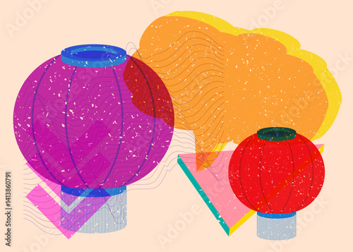 Risograph Chinese lantern with speech bubble with geometric shapes. Objects in trendy riso graph print texture style design with geometry elements.