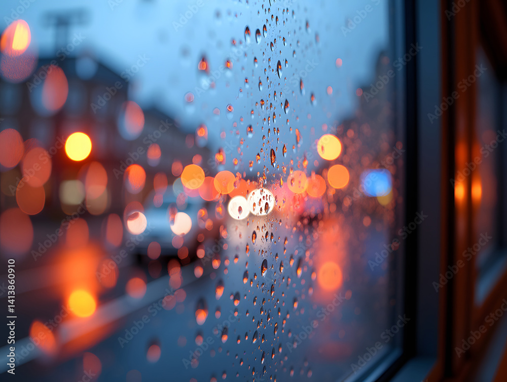 Obraz premium Bokeh shot of raindrops on windowpane with city lights in the background