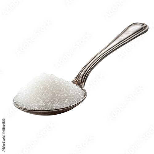 Sugar granules in a vintage silver spoon isolated against a clean Transparent background for culinary presentation, sugar in spoon isolated on PNG background