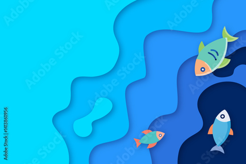 Paper cut fish in the sea. Paper art style. Vector illustration.