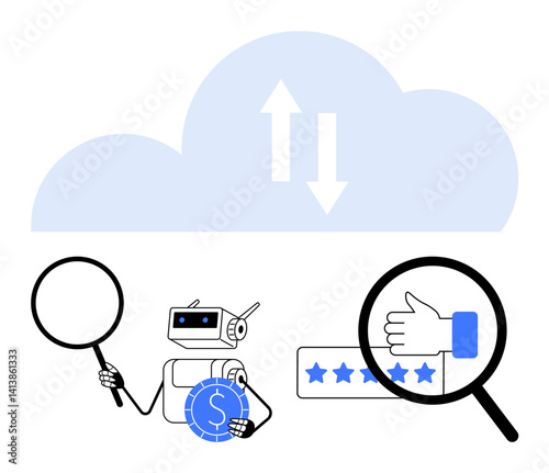 Robot using magnifier to review cloud data, holding currency, and inspecting rating system with thumbs-up symbol. Ideal for AI, automation, data analysis, cloud services, technology, customer