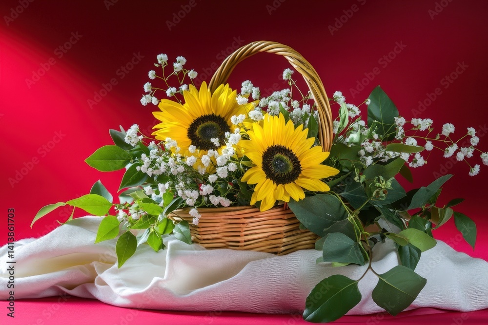 Naklejka premium Sunflowers and baby's breath in a woven basket.