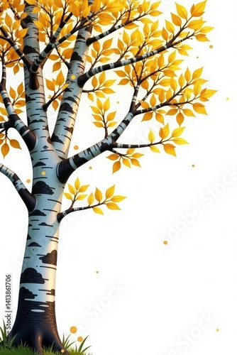 Branches of birch tree with leaves isolated on white, simple, forest, twiggy