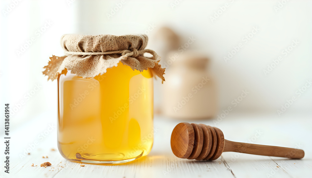 A mockup of A jar of honey with a wooden spoon on a white table. A mockup of A jar of honey with a wooden spoon on a white table.