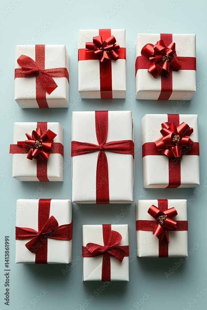 Nine elegant gift boxes arranged in a grid, adorned with red ribbons and bows Nine elegant gift boxes arranged in a grid, adorned with red ribbons and bows