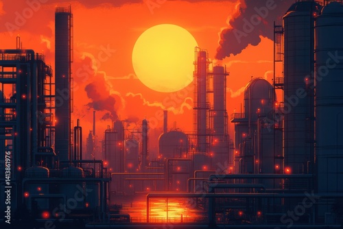 Sunset over an industrial landscape with smokestacks and refineries reflecting on water