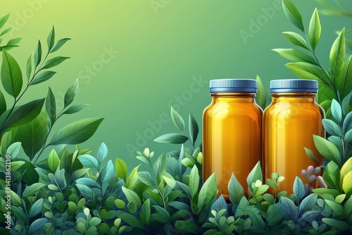 Two amber jars nestled among vibrant green foliage with a soft gradient background