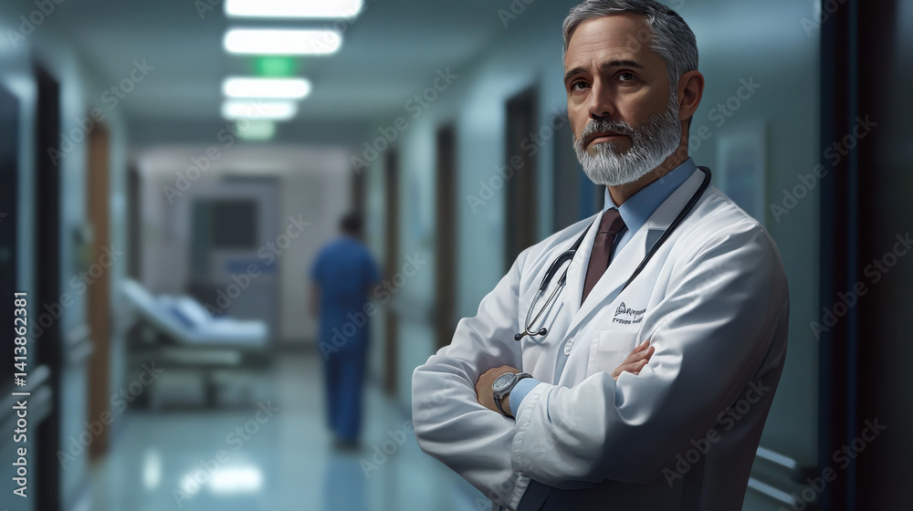 Obraz premium A lifelike image of a serious middle-aged physician with a contemplative look