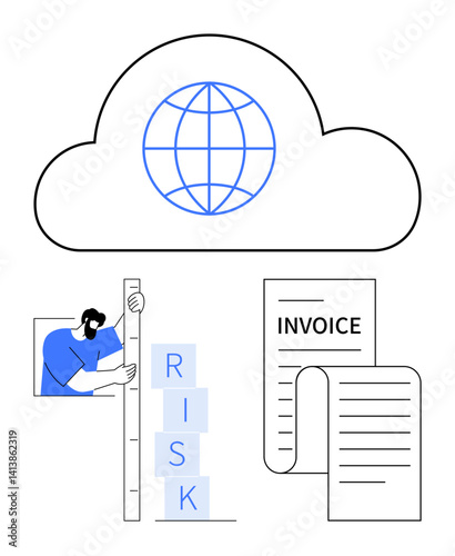Cloud with globe icon, man balancing blocks labeled RISK, invoice document. Ideal for finance, innovation, strategy, cloud computing, analysis, business growth simple landing page