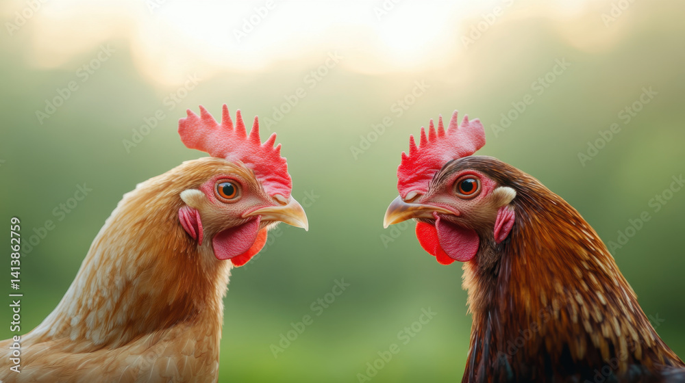 Fototapeta premium Two chickens face each other, showcasing their vibrant feathers and distinct combs, creating lively and engaging scene in natural setting. background is softly blurred, enhancing focus on birds