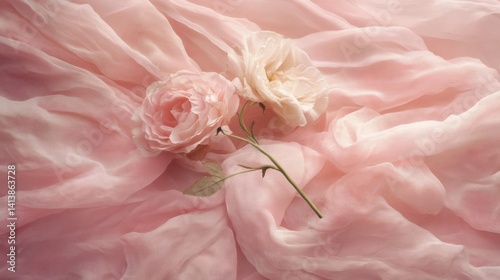 Elegant roses resting softly on flowing pink silk fabric backdrop