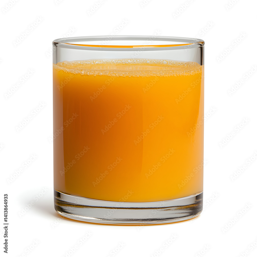 Refreshing Orange Juice in Clear Glass on White Backdrop with Soft Shadows Refreshing Orange Juice in Clear Glass on White Backdrop with Soft Shadows