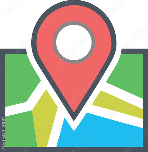 Map with Red Location Pin on Colorful Road Layout Icon Flat Design Style