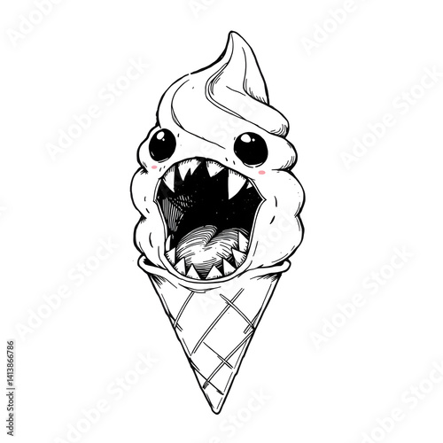detailed ink illustration of ice cream with a monster mouth