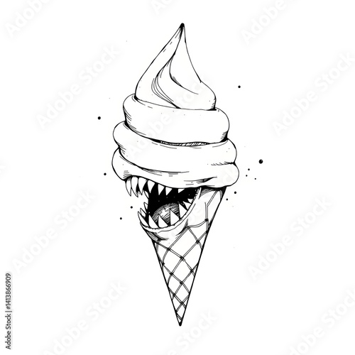 detailed ink illustration of ice cream with a monster mouth