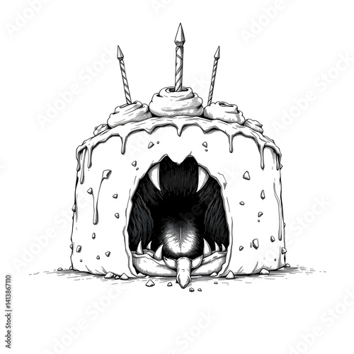illustration depicts a large cake with a monstrous mouth