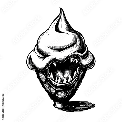 detailed ink illustration of ice cream with a monster mouth