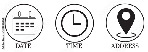 Date, Time, Location and Address icon set. Even elements vector design.
