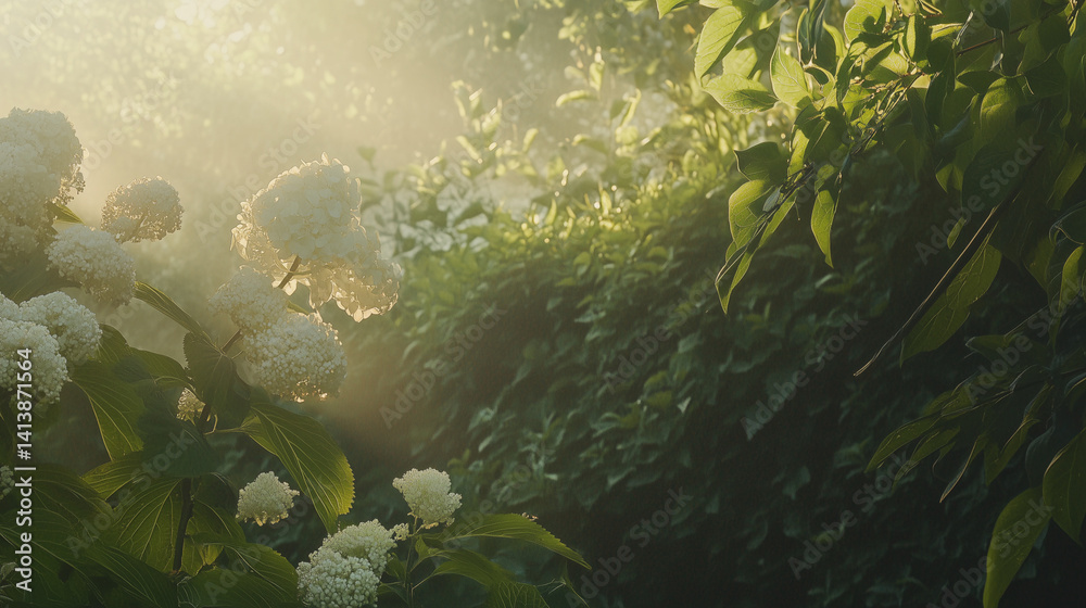 Fototapeta premium Blooming hydrangeas in a serene garden, lush greenery under soft sunlight. Peaceful countryside charm and natural beauty.