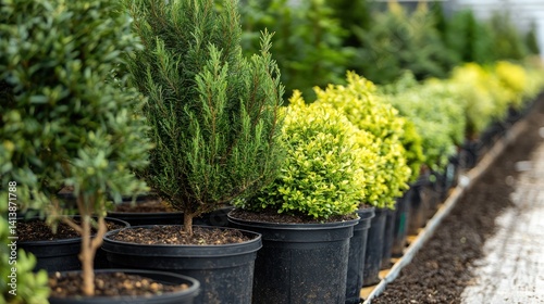A vibrant tree nursery with various species of trees lined up in pots. photo