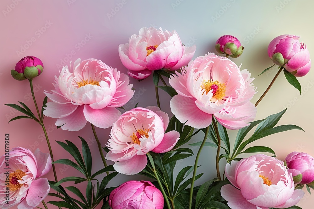Soft Pastel Gradient Background with Delicate Pink Peony Flowers for Love Letters and Greeting Cards Soft Pastel Gradient Background with Delicate Pink Peony Flowers for Love Letters and Greeting Cards