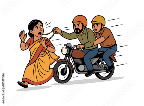 Vector illustration of two men on a motorcycle snatching a necklace from a woman in a saree, depicting street crime, theft, and public safety concern