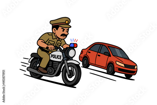 Vector illustration of an Indian police officer riding a motorcycle in pursuit of a red car, representing a high-speed chase, law enforcement, and traffic control action
