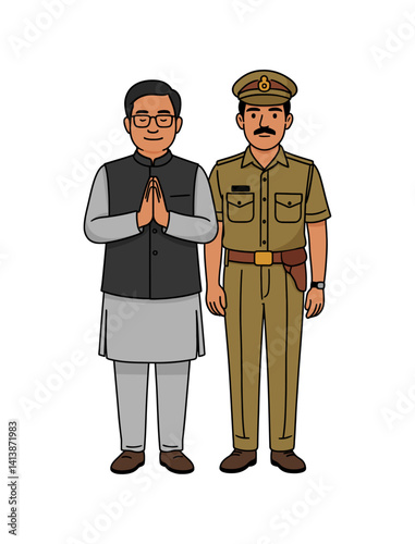Vector illustration of an Indian politician standing beside a police officer, symbolizing governance, law enforcement, public service, leadership, and cooperation