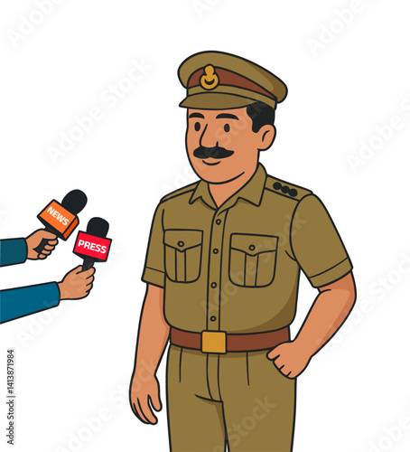 Vector illustration of an Indian police officer speaking at a press conference, holding a microphone while reporters point cameras and mics, representing media interaction and authority