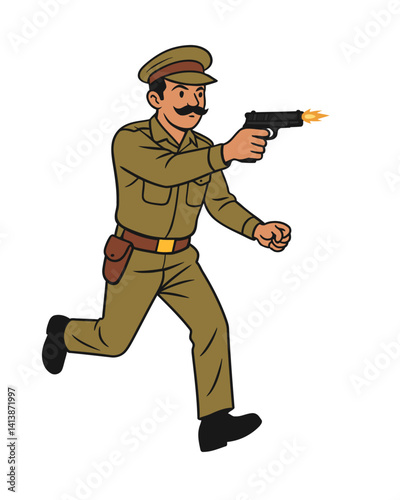 Vector illustration of an Indian police officer running and firing a pistol, symbolizing action, law enforcement, crime response, and emergency intervention in dangerous situations