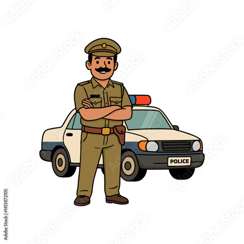 Vector illustration of a confident Indian police officer standing with folded arms in front of a police car, symbolizing authority, protection, and law enforcement presence