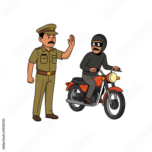 Vector illustration of an Indian police officer stopping a masked thief riding a motorcycle, symbolizing crime prevention, law enforcement, and road safety action