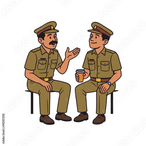 Vector illustration of two Indian police officers sitting and having a casual conversation, one holding a coffee cup, symbolizing teamwork, camaraderie, and law enforcement bonding