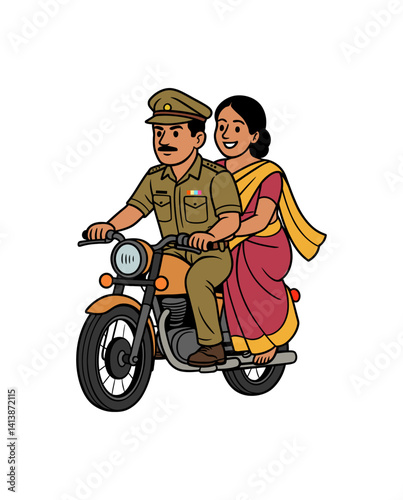 Vector illustration of a Indian police officer riding a motorcycle with his wife in a saree sitting behind, symbolizing companionship, travel, and everyday life