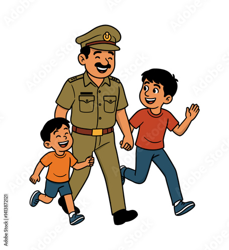 Vector illustration of a smiling Indian police officer walking hand in hand with two happy children, symbolizing trust, safety, community bonding, and child-friendly policing