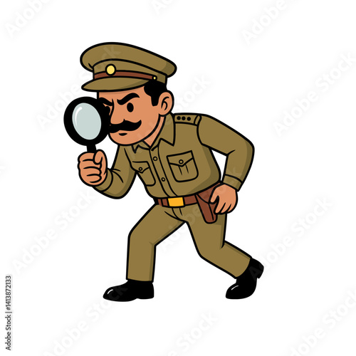 Vector illustration of a Indian police officer inspecting closely with a magnifying glass, symbolizing investigation, detective work, crime solving, and law enforcement duties.
