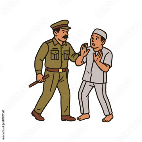 Vector illustration of a Indian police officer confronting a Prisoner with raised hands, symbolizing law enforcement, interrogation, and maintaining order.