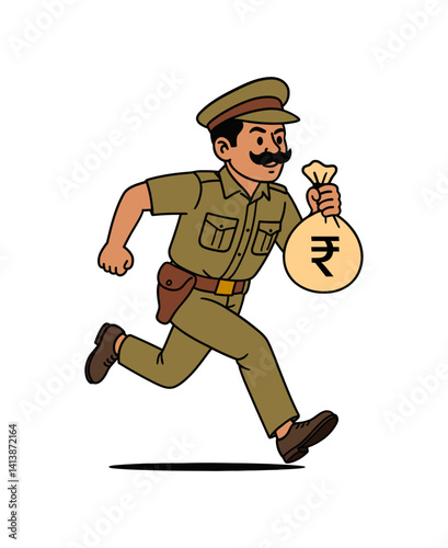Vector illustration of a Indian police officer running with a money bag marked with a rupee symbol, symbolizing corruption, bribery, or recovery of stolen funds in law enforcement.