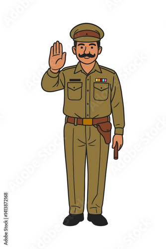 Vector illustration of a Indian police officer standing upright with one hand raised, wearing a uniform and holding a baton, symbolizing authority, law, and discipline.