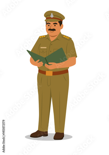 Vector illustration of a Indian police officer reading or reviewing a file or report, symbolizing investigation, duty, responsibility, law enforcement, and administrative work.
