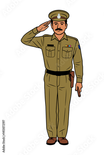 Vector illustration of a Indian police officer saluting while holding a baton, representing respect, discipline, law enforcement, and dedication to public service.