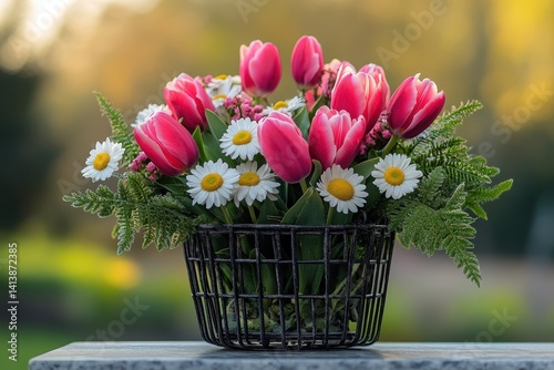 Vibrant bouquet of tulips and daisies in a decorative basket. photo