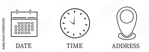 Date, Time, Location and Address icon set. Even elements vector design.