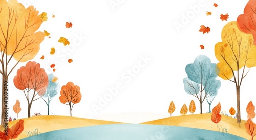 Autumn trees on the horizon under a bright blue sky in a cute cartoon style.