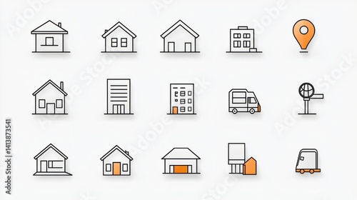 A set of 15 outline icons in line style representing various buildings and locations