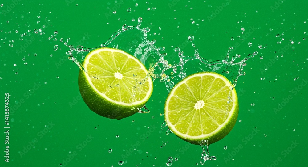 Two lime halves splashing in mid-air with water droplets